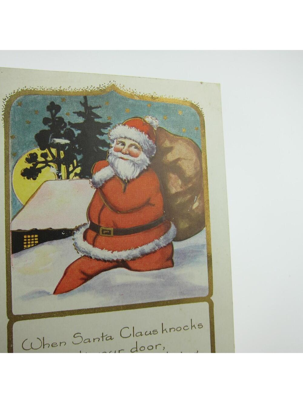 Christmas Postcard Santa Hikes in Snow Toy Bag Cabin Moon Night Whitney Antique - Picture 3 of 12